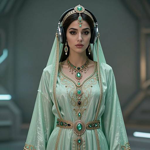 Digital artwork of a beautiful South Asian woman in a green, ornately embroidered traditional dress, wearing a green veil, headpiece, and jewelry, standing