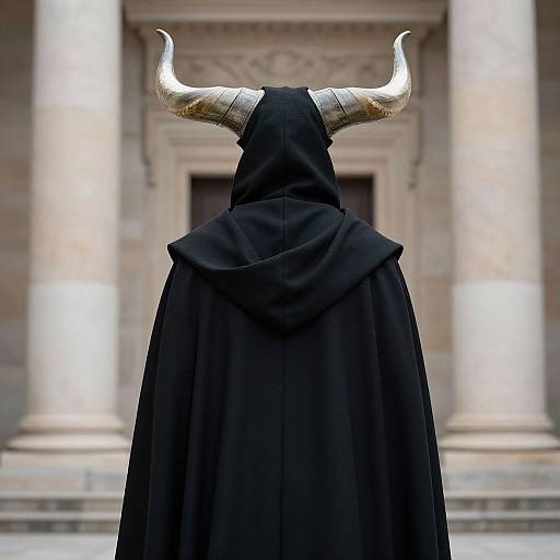 Man with Horned Cape by Building