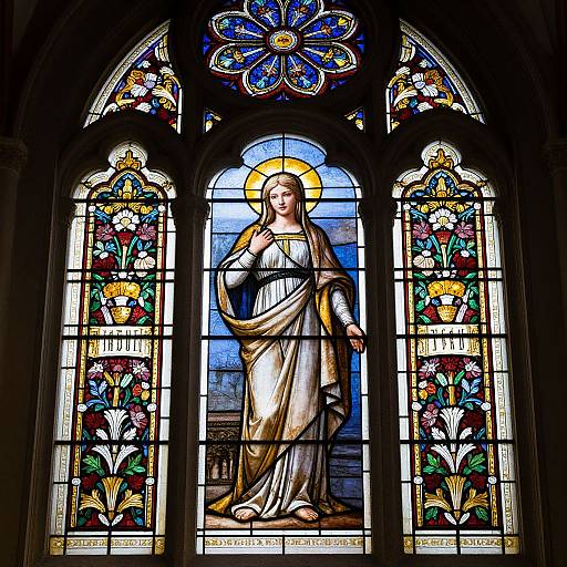 Stained glass window featuring a serene, haloed Virgin Mary in flowing robes, surrounded by vibrant floral patterns and intricate designs.