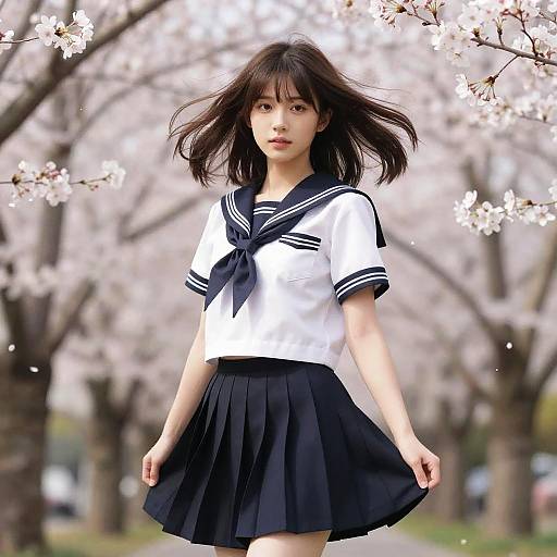 Beautiful Schoolgirl Amidst Cherry Blossoms