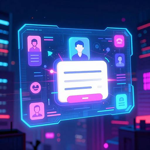 Neon-lit digital interface showing a white user icon, surrounded by profile icons, in a futuristic cityscape with colorful skyscrapers.