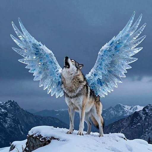 Photograph of a wolf with blue ice wings standing on a snowy mountain, howling under a cloudy, blue-gray sky.