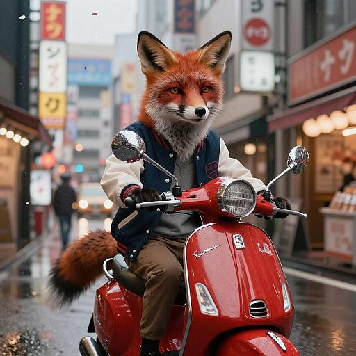 Anthropomorphic Red Fox Riding Vintage Vespa in Tokyo