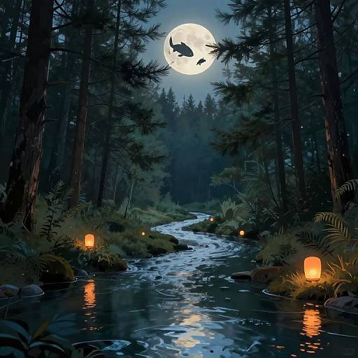 Surreal Forest River with Floating Lanterns and Moonlit Fish