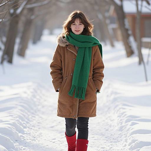 Photograph of a smiling woman with dark hair, wearing a brown coat, green scarf, black pants, and red boots, standing in a snowy,