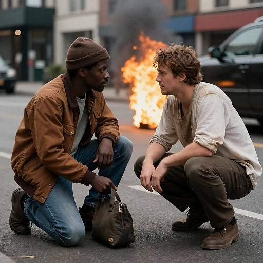 Two men talking on urban street with fire in background