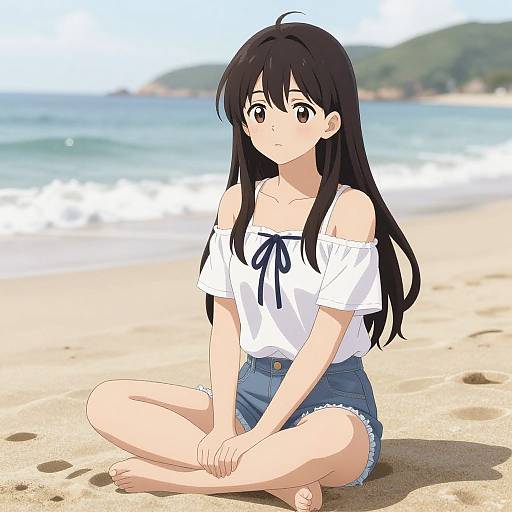 Anime Young Woman on Beach