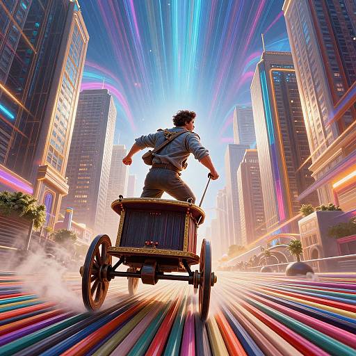 Brave Man Rushing Toward Towering City