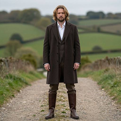 Photograph of a serious-looking man with shoulder-length brown hair and beard, wearing a black overcoat, white shirt, brown pants, and boots,