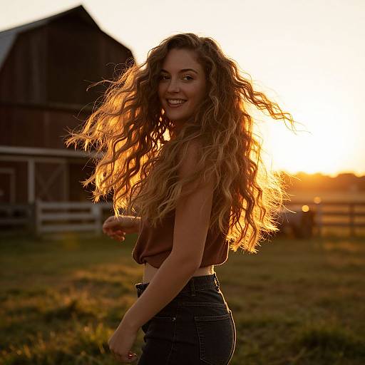 Photograph of a smiling young woman with long, wavy blonde hair, wearing a brown crop top and high-waisted jeans, standing in a