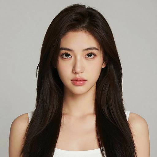 Photograph of a young Asian woman with long, straight black hair, fair skin, and neutral expression, wearing a white sleeveless top, against a