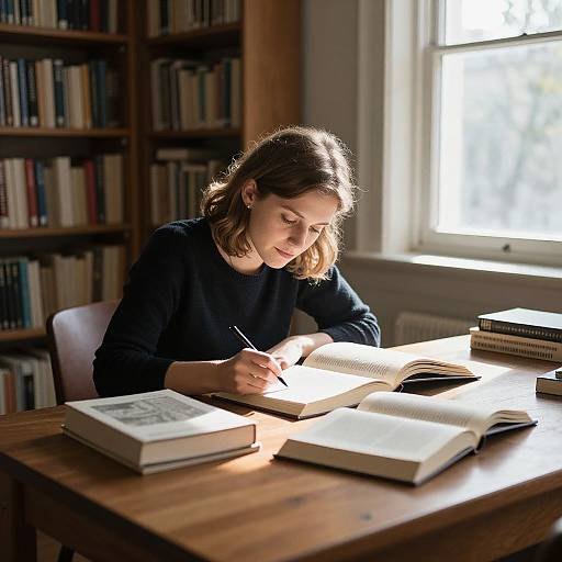 Photograph of a young woman with light brown hair, wearing a black sweater, writing in an open book at a wooden table in a sunlit library
