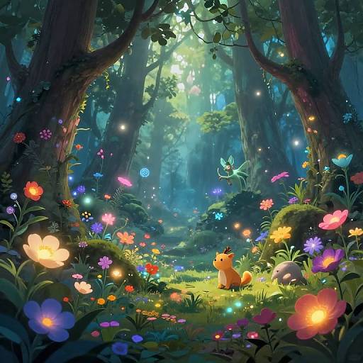 Magical forest scene with vibrant, glowing flowers, a small orange fox, a white rabbit, and twinkling fireflies, illuminated by sunlight filtering through