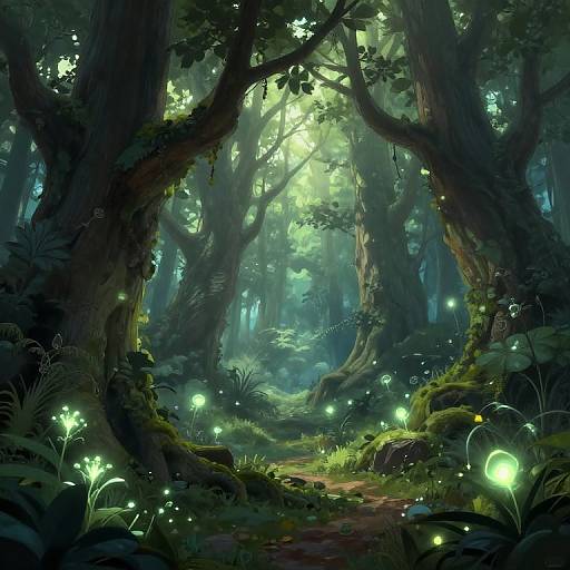 Enchanted forest scene: glowing fireflies, lush greenery, towering trees, dappled sunlight, and a winding mossy path, rendered