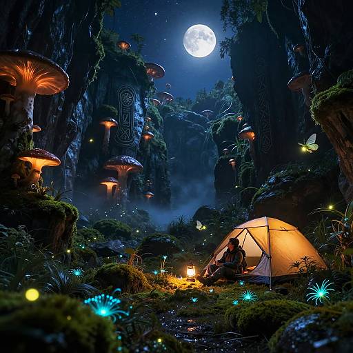 Mythical Nightscape with Glowing Fungi