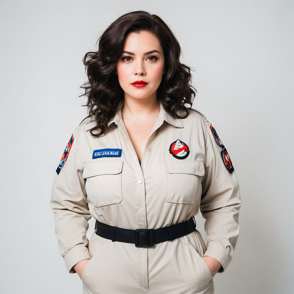 Confident Ghostbusters Cosplayer in Ivory Studio