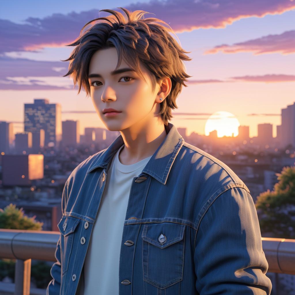 Trendy Young Man in Anime City Sunset