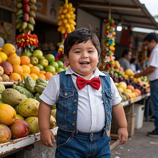 Photograph of smiling Asian toddler in denim vest, red bowtie, white shirt, standing in vibrant fruit market stall with colorful fruits and hanging decorations.