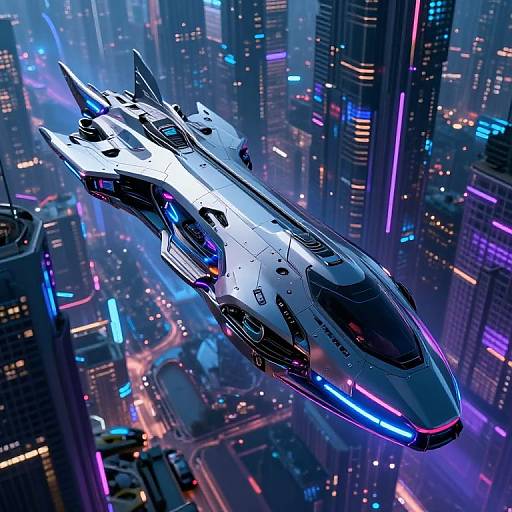 Digital artwork of a sleek, silver futuristic spaceship with neon blue lights flying over a vibrant, neon-lit cityscape of tall skyscrapers and bustling
