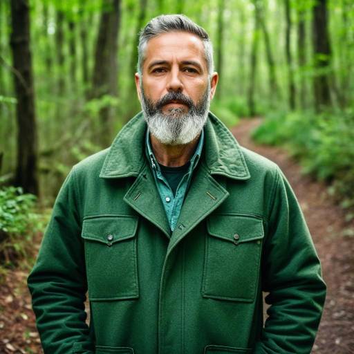 Mature man with beard in green coat in forest