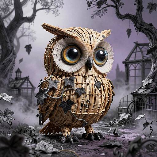 Whimsical Gothic Straw Owl Automaton