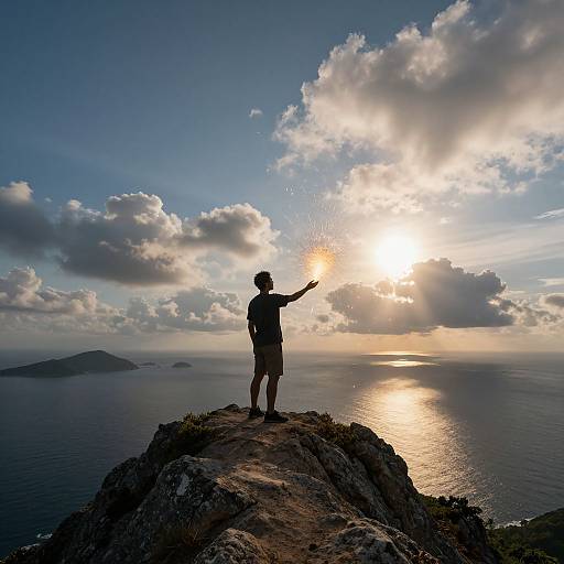 Photograph of a silhouetted person on a rocky cliff, arms outstretched, sun shining through clouds, ocean and distant islands in the