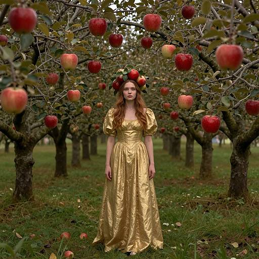 Photograph of a young woman with long red hair, wearing a gold, puffed-sleeve dress, and a crown of apples, standing in