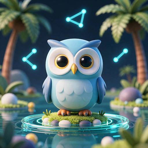 Cute Alien Owl on Neon Mangrove Archipelago