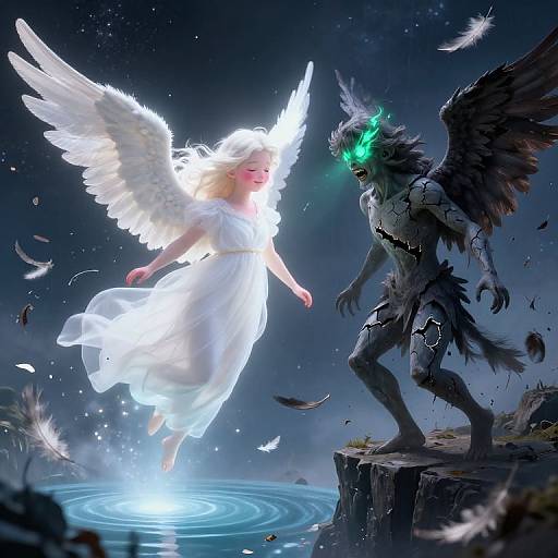 Digital artwork: luminous angel with white wings and dress confronts dark, glowing-eyed, winged monster over a glowing water pool, surrounded by floating