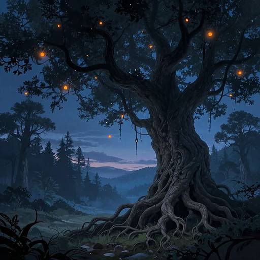 Mystical nighttime forest scene with a large, twisted tree adorned with glowing orange fireflies, set against a deep blue sky and distant, misty