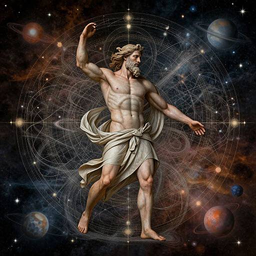 Digital artwork of a muscular, bearded Zeus-like figure with flowing white cloth, raised arm, and cosmic background with stars and planets.