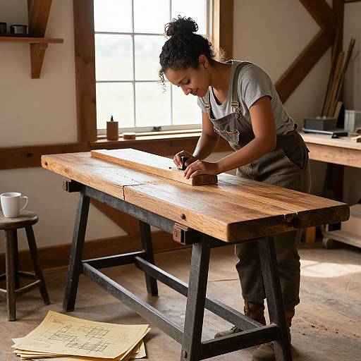 Photograph of a focused, curly-haired woman in overalls, woodworking in a sunlit, rustic workshop, with a table, stool, cup,