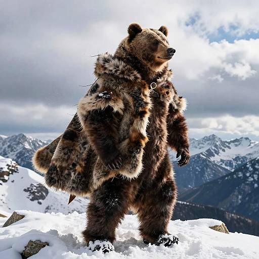 Photograph of a realistic anthropomorphic bear in a fur coat standing on snowy mountain peak with dramatic cloudy sky and distant snow-capped mountains.
