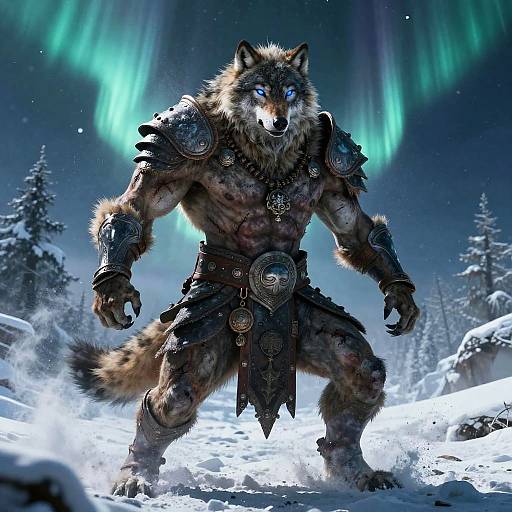 Digital art of a muscular, anthropomorphic wolf warrior with glowing blue eyes, wearing ornate, metal armor and dark fur loincloth, standing in