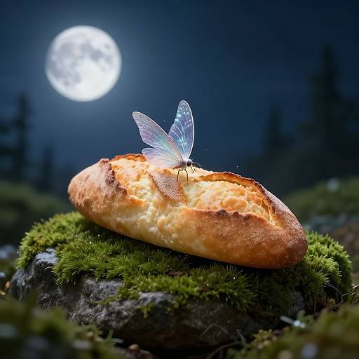 Photograph of a glowing fairy perched on a golden-brown, crusty loaf of bread atop mossy rock under a bright full moon.