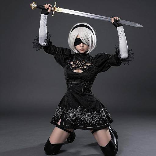 Female Cosplayer in 2B Costume with Sword