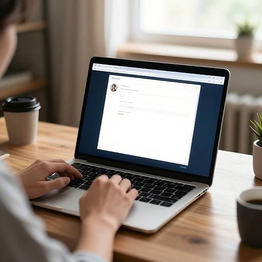 Photograph of a person typing on a silver laptop at a wooden table, with a coffee cup and blurred window background.