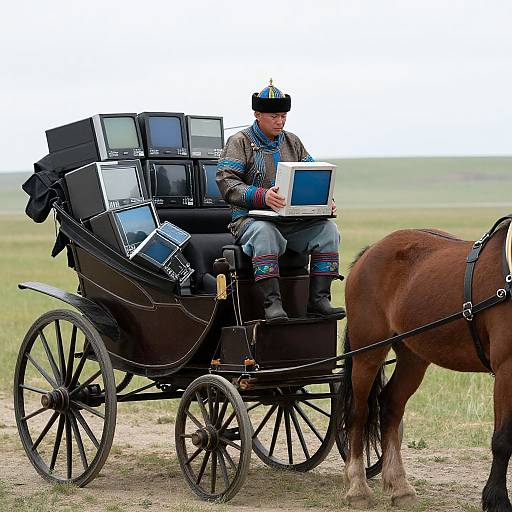 Photograph of a man in traditional attire using a laptop on a black horse-drawn carriage in a grassy field.