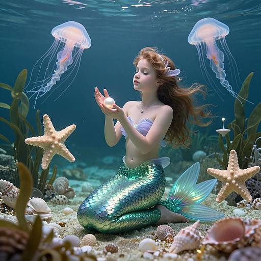 Photograph: Mermaid with green scales and white seashell top, kneeling underwater, surrounded by starfish, coral, and two jellyfish,