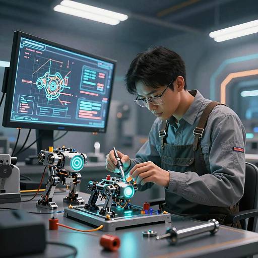 Futuristic Engineer Assembling Robotic Parts
