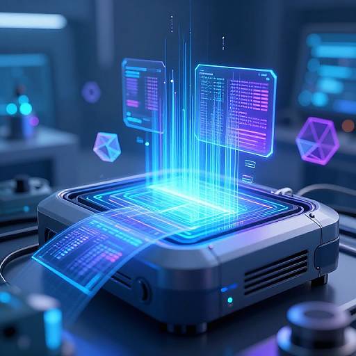 Photorealistic CGI of a futuristic, glowing blue holographic interface projected from a sleek, black, rectangular device on a dark, tech-filled background.