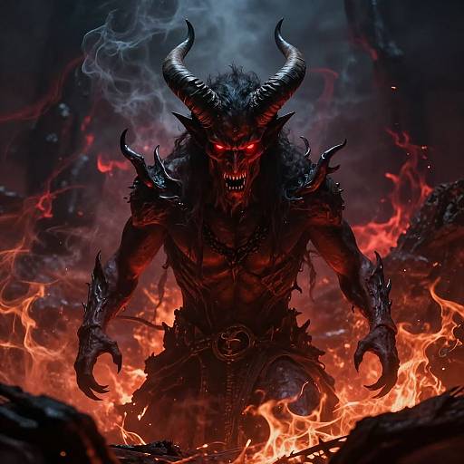 Menacing Horned Devil in Fiery Landscape