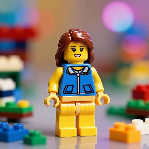 Photograph of a LEGO minifigure with brown hair, yellow skin, blue vest, and smiling face, standing amidst colorful LEGO bricks.