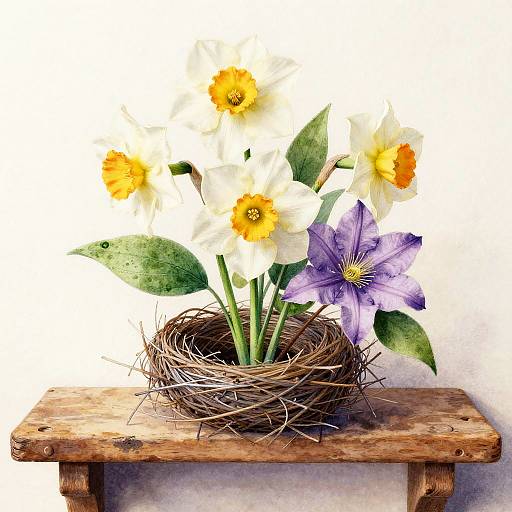 Narcissus and Clematis in Bird's Nest Arrangement