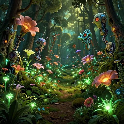 Fantastical forest scene: glowing mushrooms, vibrant flowers, bioluminescent plants, and robotic insects with colorful eyes. Digital art, detailed,