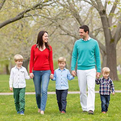 Photograph of a family of five walking in a grassy park: mother in red sweater, father in teal sweater, three boys in white, blue