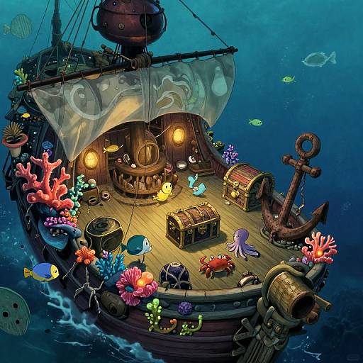 Colorful digital illustration of a pirate ship at sea, featuring vibrant corals, fish, treasure chest, lanterns, anchor, and octopus.