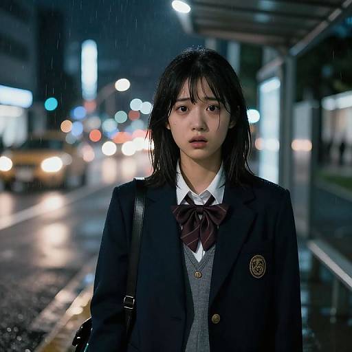 Moody Night Portrait of Japanese Schoolgirl