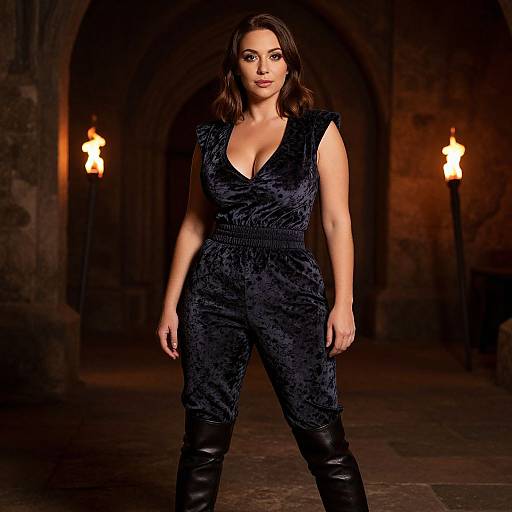 Photograph of a confident woman with dark hair, wearing a deep V-neck, velvet black jumpsuit and black boots, standing in a dimly lit