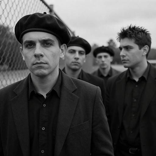 Beret Foreground: Four Men by Fence